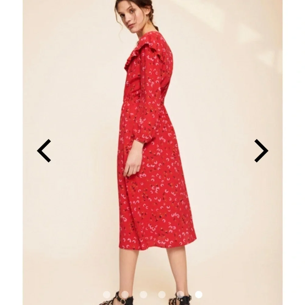 Tara Jarmon Red Midi Dress Women’s Long Sleeve Ruffled Button Front Floral 36